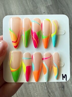 Neon Swirl Stiletto Press-On Nail Set - Multicolor